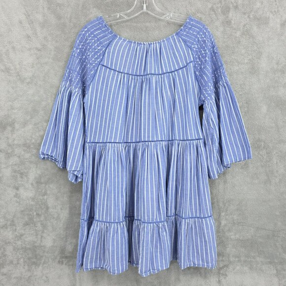 Free People Lola Embroidered Mini Dress S Blue White Stripes Cutout Back Tassels - Picture 14 of 14